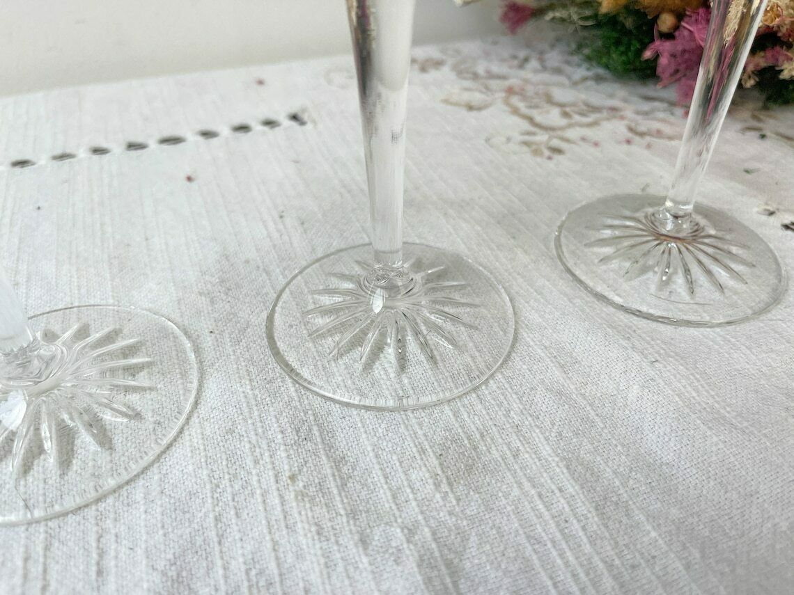 3 Vintage Chiseled Crystal Glasses ~ Crystal Stemmed Glasses ~ Vintage Champagne Glass ~ Crystal Glasses ~ 20th Century photo vinterior