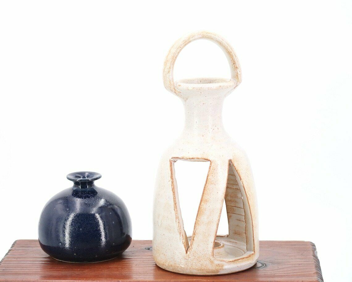 French White Ceramic Candle Holder Lantern, 1960s / Tealight Candleholder Minimalist Farmhouse Boho Chic Bohemian