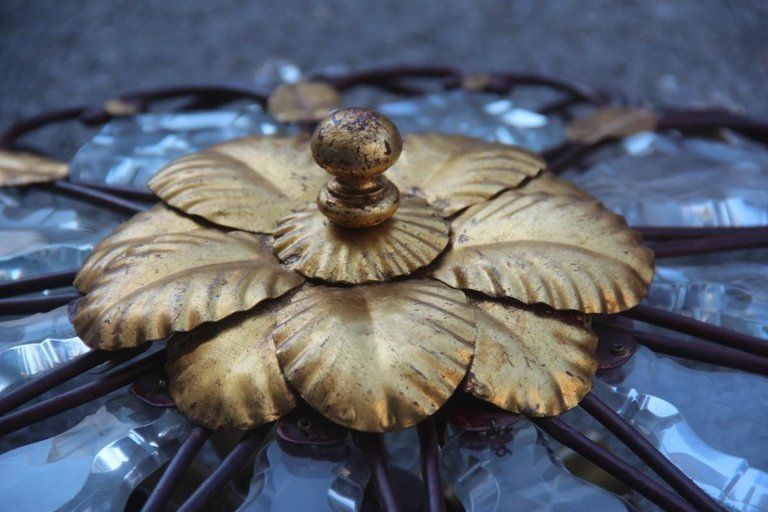 Pair Of Ceiling Light Round Mid Century Modern France Crystal Forged Metal Gold photo vinterior