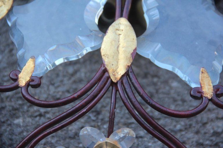 Pair Of Ceiling Light Round Mid Century Modern France Crystal Forged Metal Gold photo buy