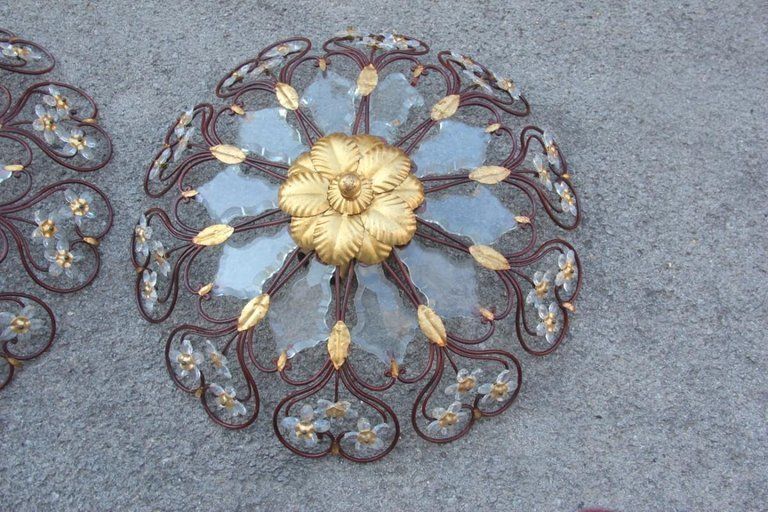 photo furniture Pair Of Ceiling Light Round Mid Century Modern France Crystal Forged Metal Gold