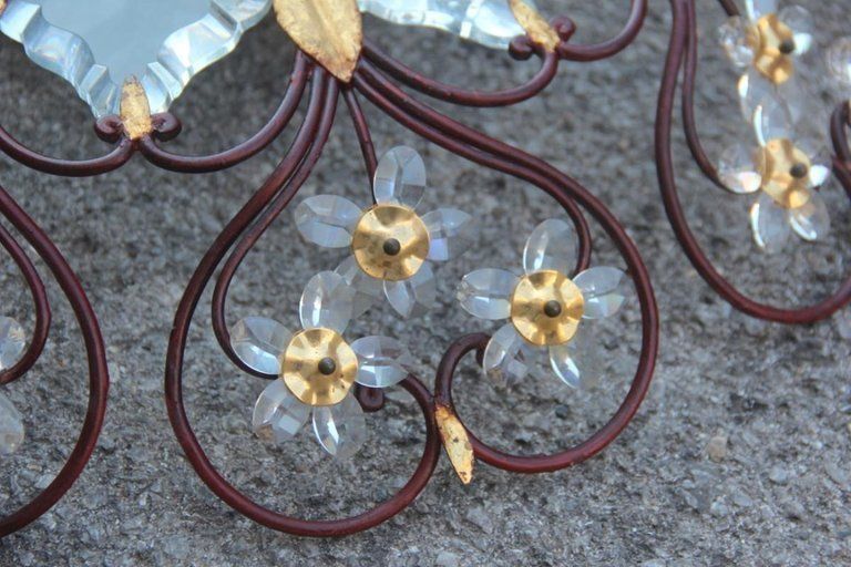 photo for sale Pair Of Ceiling Light Round Mid Century Modern France Crystal Forged Metal Gold
