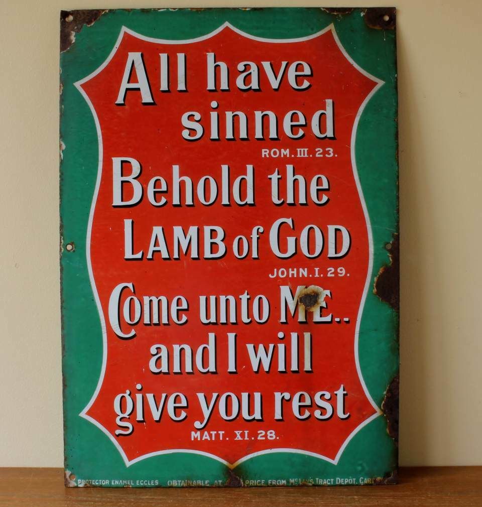 Religious Church Enamel Metal Sign. Lamb Of God Bible Quote. C1915.