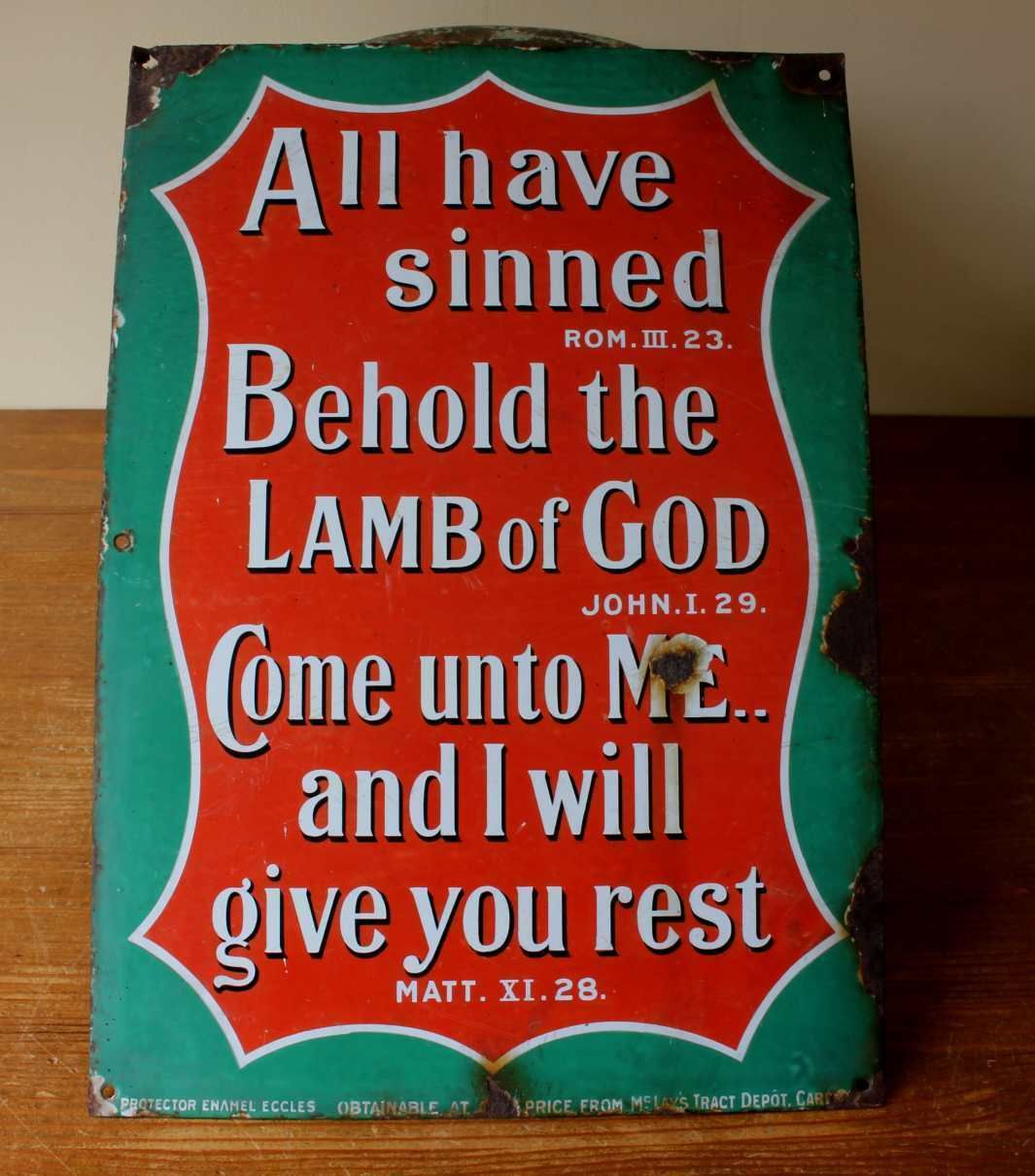 Religious Church Enamel Metal Sign. Lamb Of God Bible Quote. C1915. photo furniture