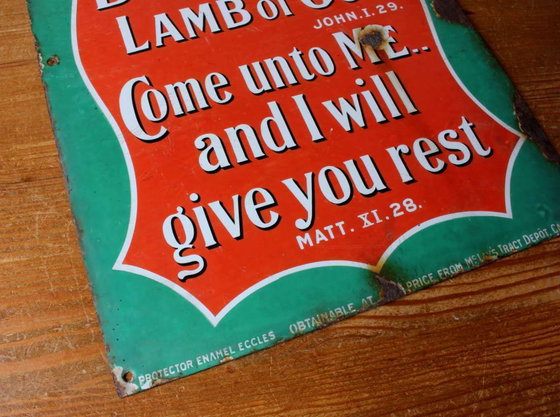 Religious Church Enamel Metal Sign. Lamb Of God Bible Quote. C1915. photo 995.0