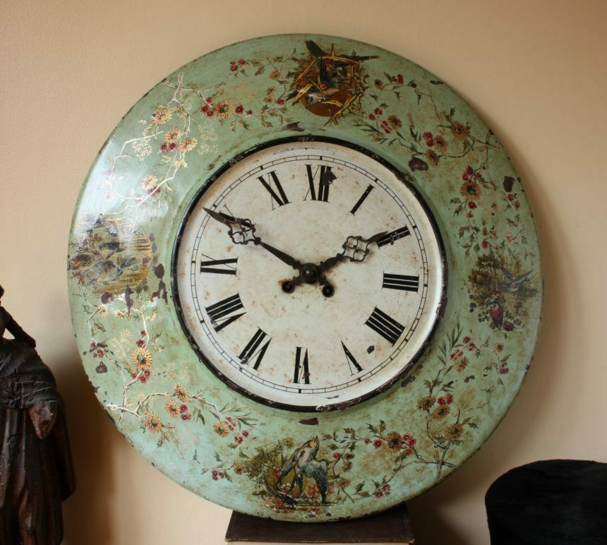 French Aesthetic Toleware Wall Clock. Large Green Metal Country House.