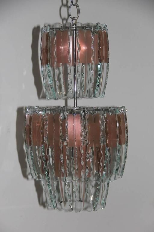 Pair Of Chandelier Curved Glass, 1970s,Crystall,Steel, Italian Design Chipped photo vinterior