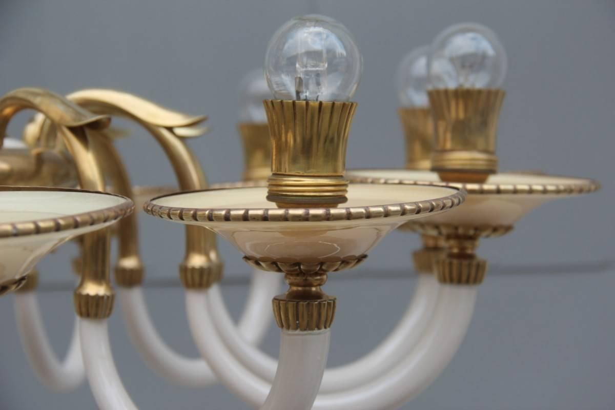 Elegant Chandelier In Opal Glass And 1950s Italian Design Brass photo Lighting