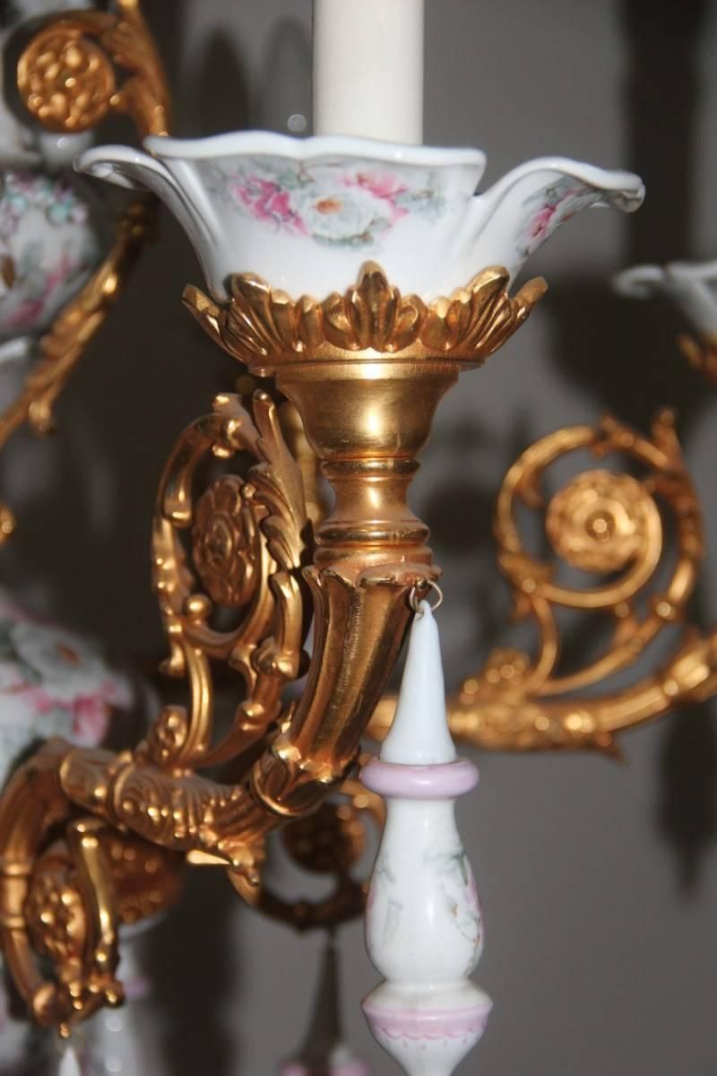 Elegant And Luxurious Chandelier 1970 Tiche Porcelain 24 Carat Gold Bronze photo for sale