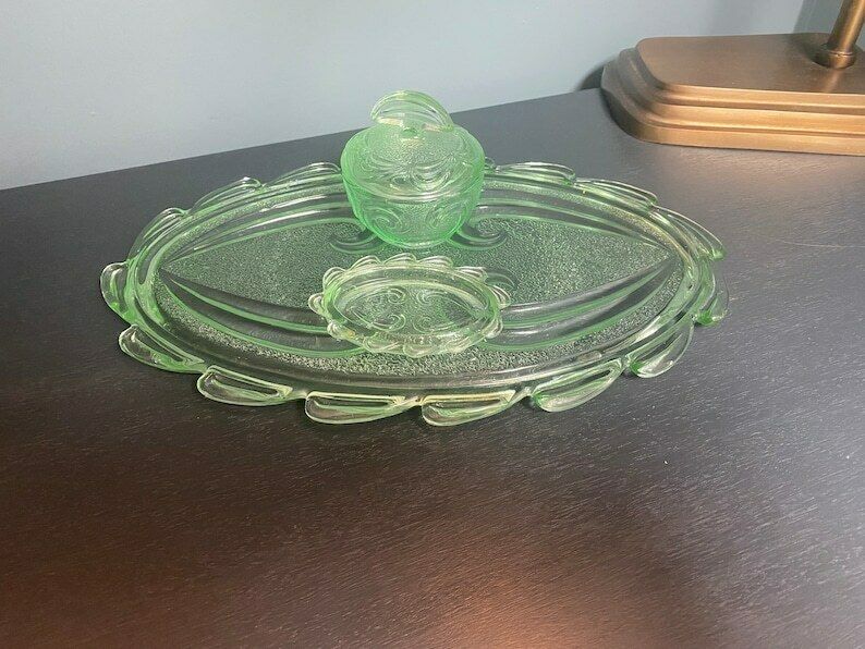 Vintage Green Glass Dressing Table Set Art Deco Glass Vanity Set By Bagley  In Rutland Pattern #3078 1930s Free Shipping | Vinterior