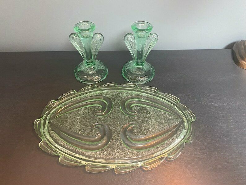 Vintage Green Glass Dressing Table Set   Art Deco Glass Vanity Set By Bagley In Rutland Pattern #3078   1930s Free Shipping