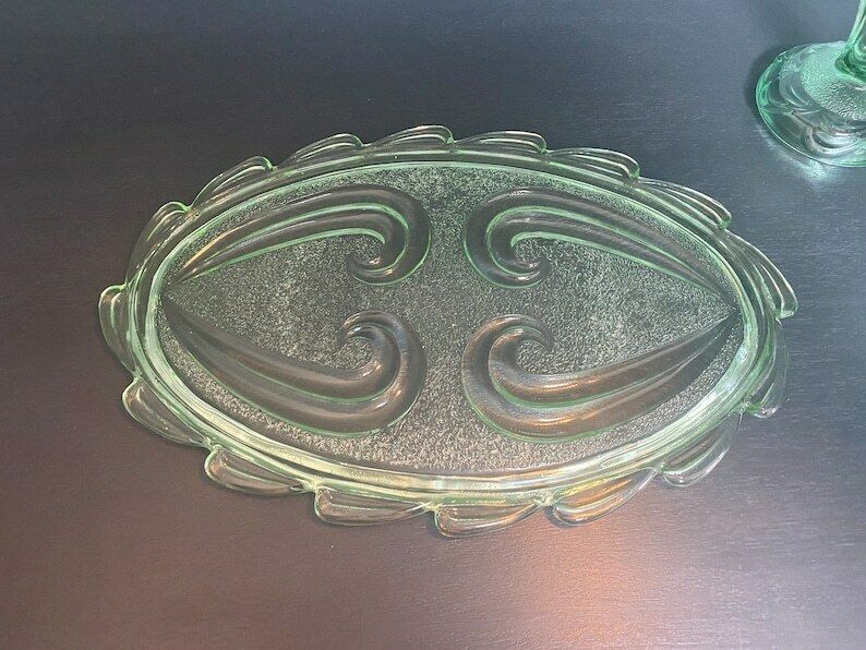 Vintage Green Glass Dressing Table Set   Art Deco Glass Vanity Set By Bagley In Rutland Pattern #3078   1930s Free Shipping photo Home Decor