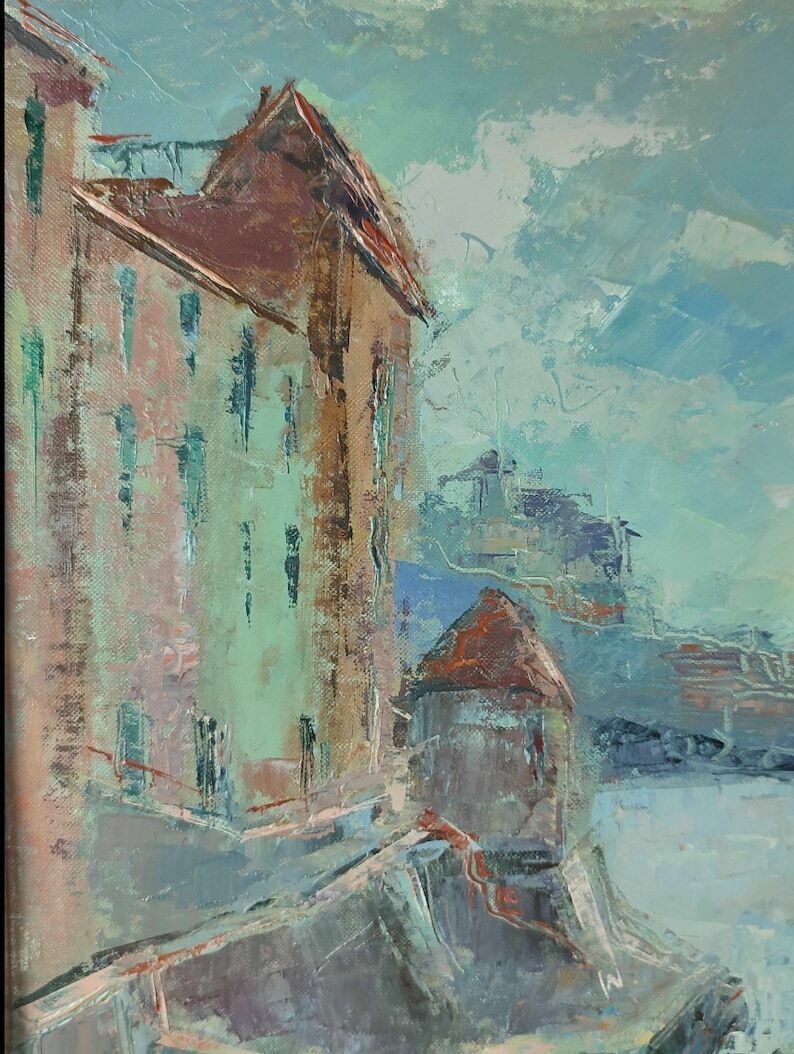 Framed Oil Painting Of A Fortified Italian Coastal City photo for sale