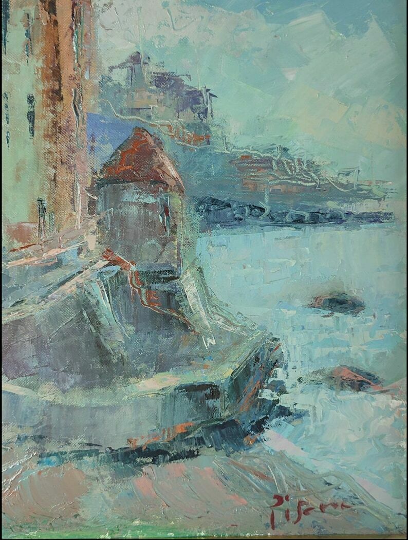 Framed Oil Painting Of A Fortified Italian Coastal City photo vintage