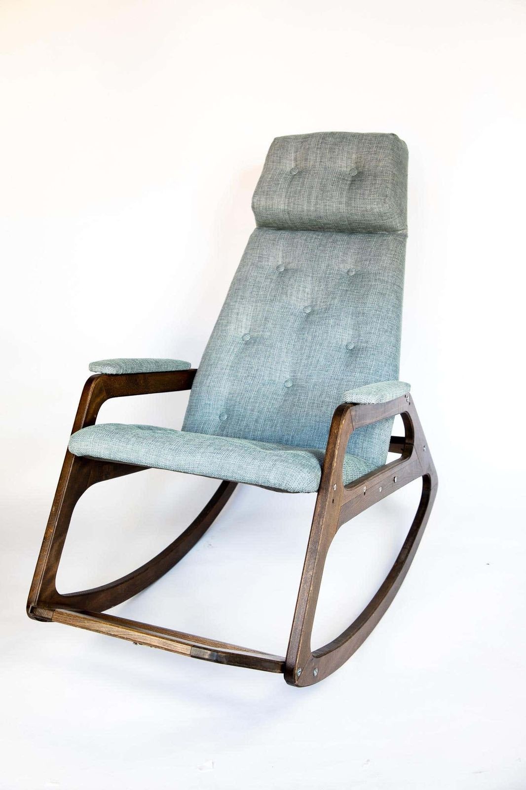Rocking Chair Made Of Solid Wood And Ice Blue Reupholstery, Italy 1960s, Mid Century photo Furniture