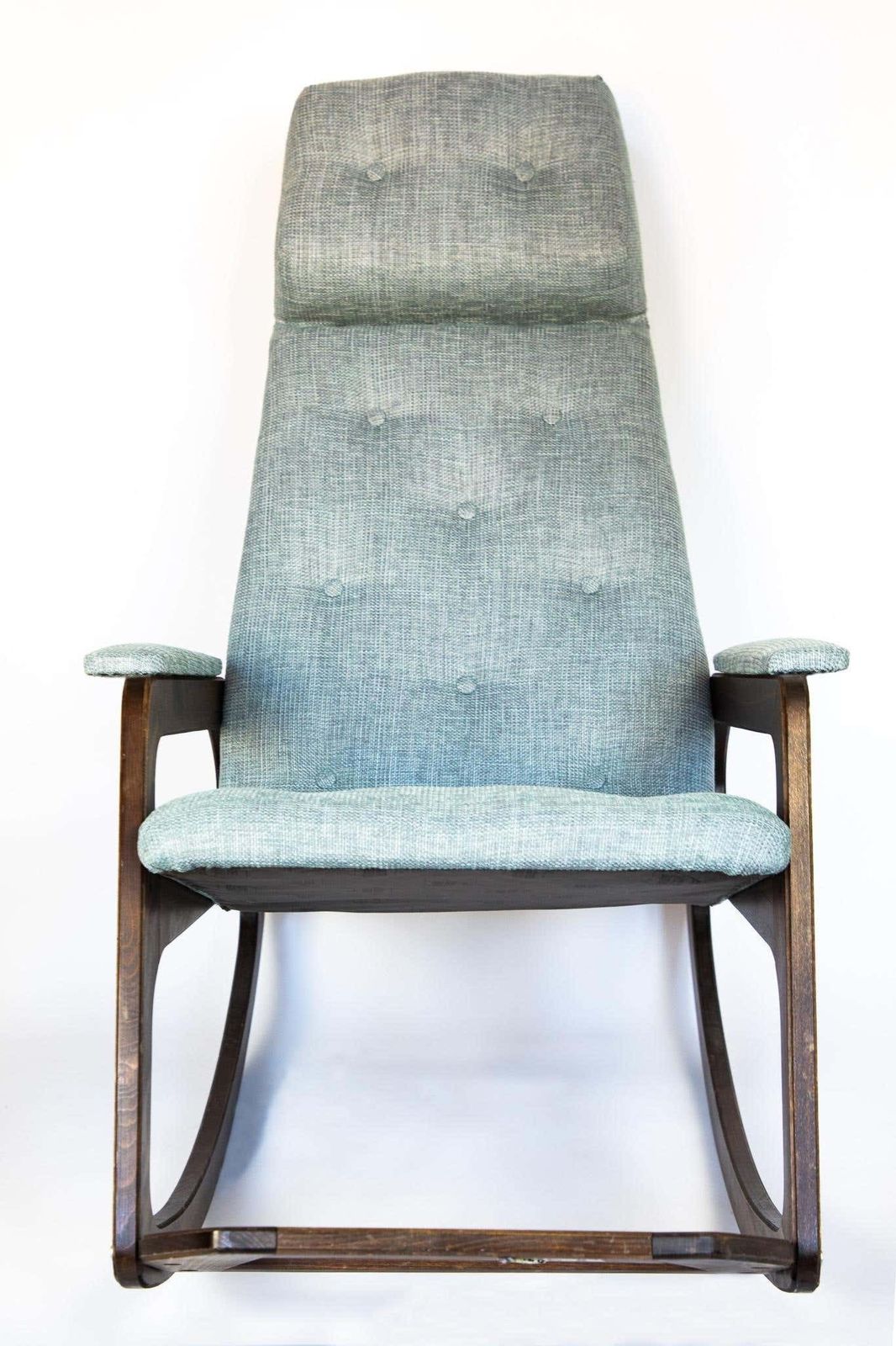 Rocking Chair Made Of Solid Wood And Ice Blue Reupholstery, Italy 1960s, Mid Century photo vintage