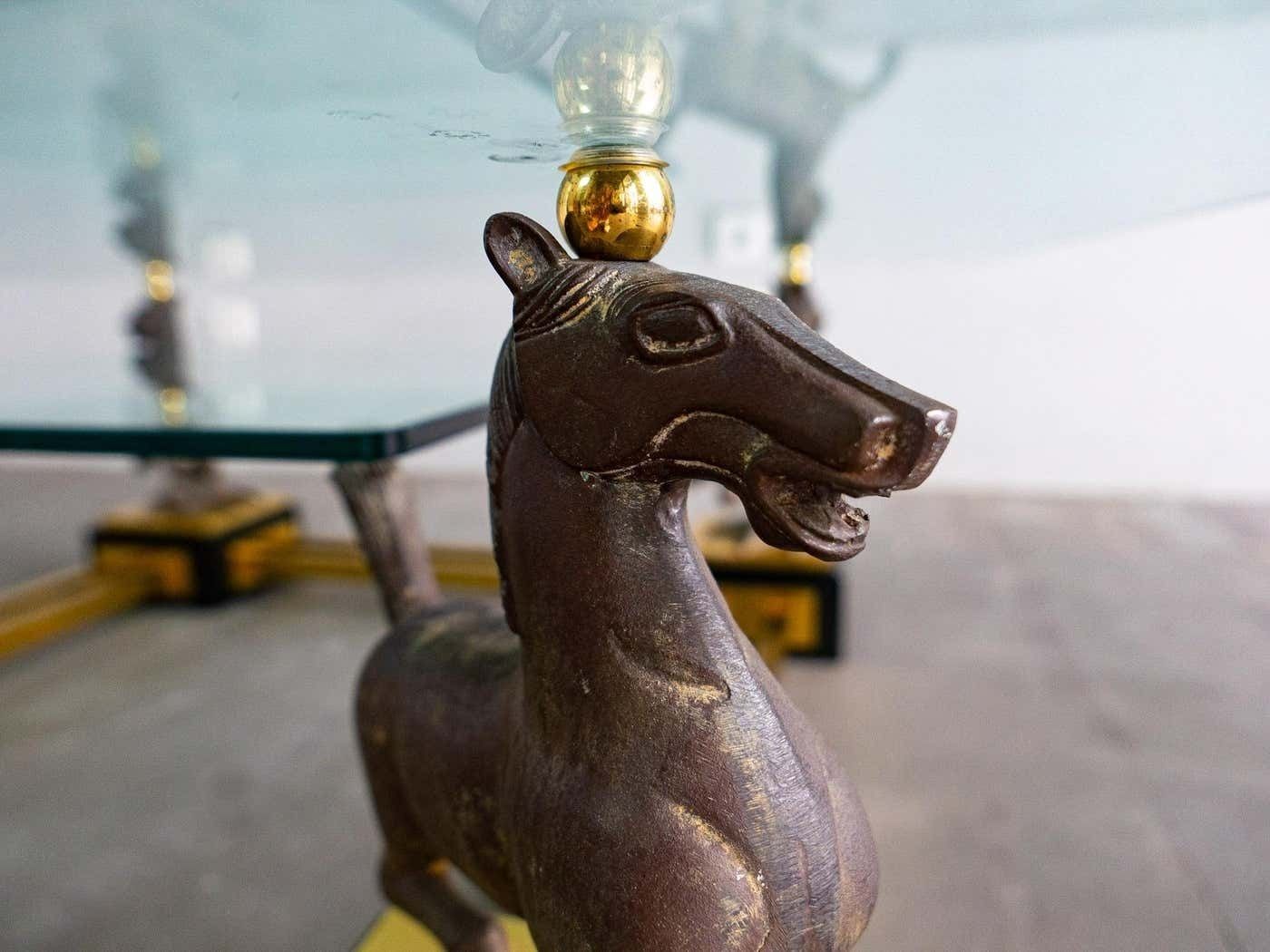 Hollywood Regency Glass And Brass Coffee Table With Bronze Flying Horses, Maison Charles photo vinterior