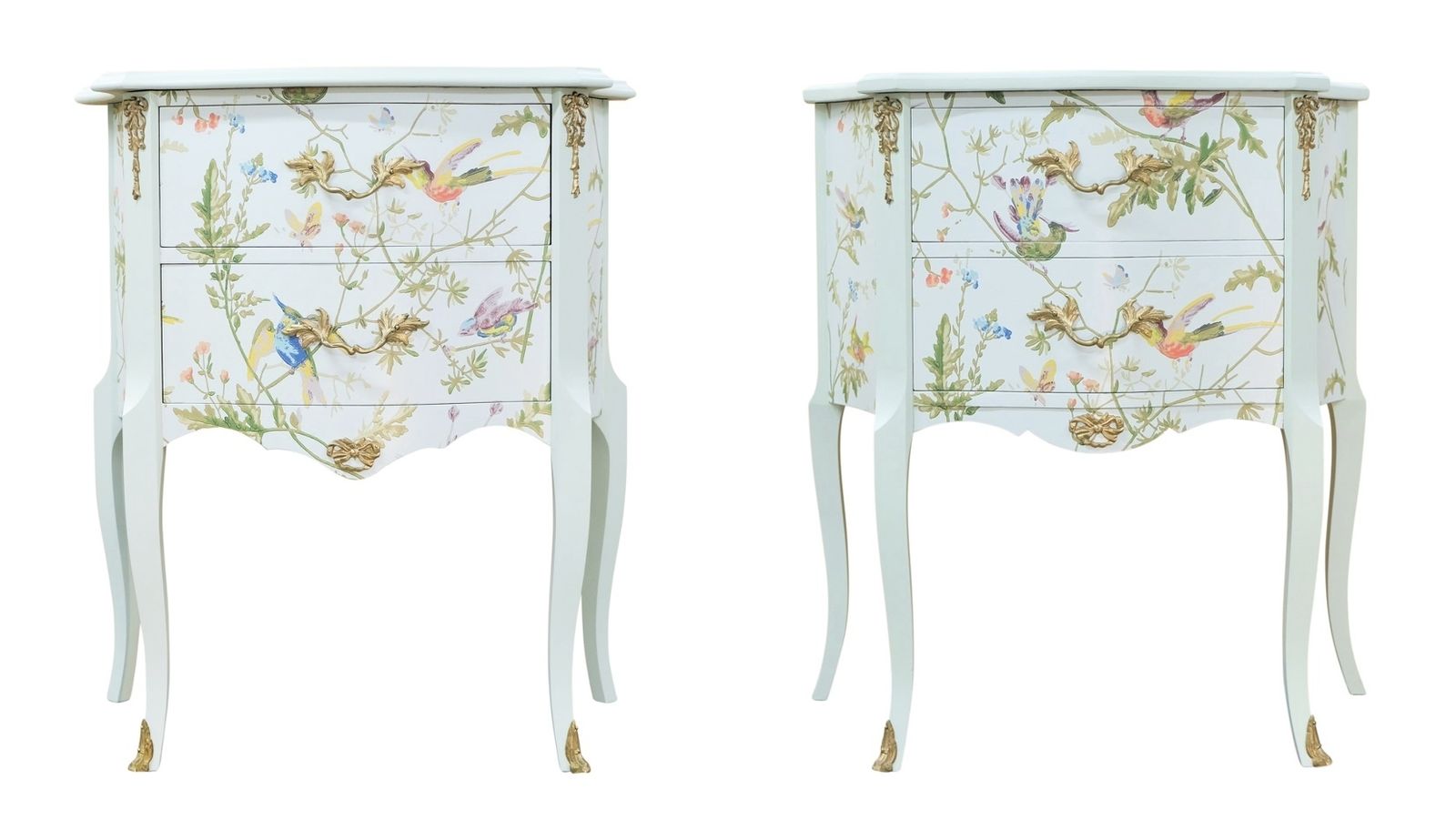 A Pair Of Louis XV Style Bedside Tables With Floral Design And Marble Tops