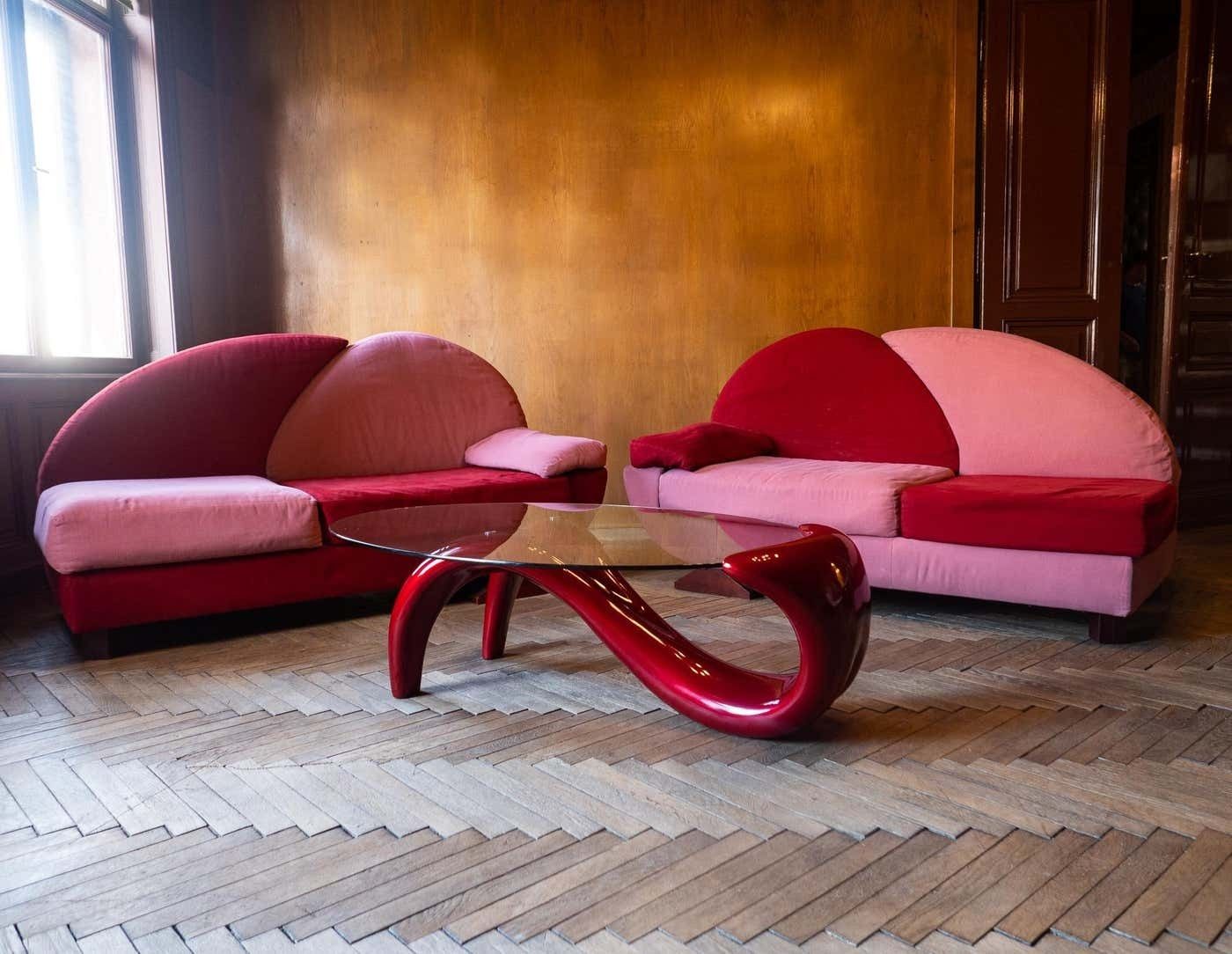 Post Modern Pink And Red Alcantara Sofas, Italy, 1980s photo Furniture