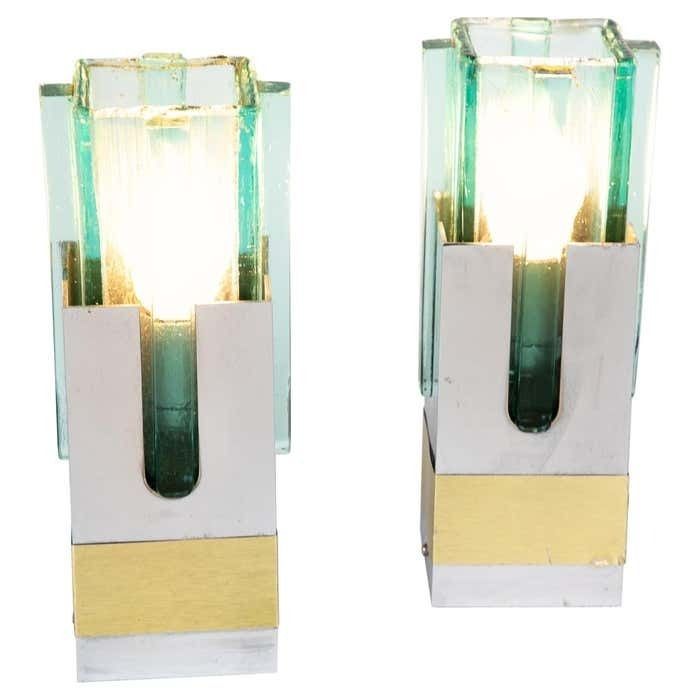 Pair Of Lampshades Table Lamps In Turquoise Glass, Brass And Chrome, Italy, 1970s