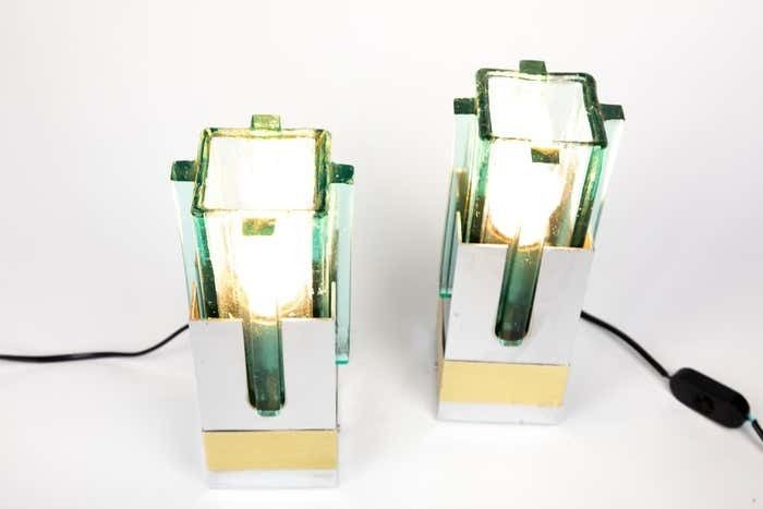 Pair Of Lampshades Table Lamps In Turquoise Glass, Brass And Chrome, Italy, 1970s photo Lighting