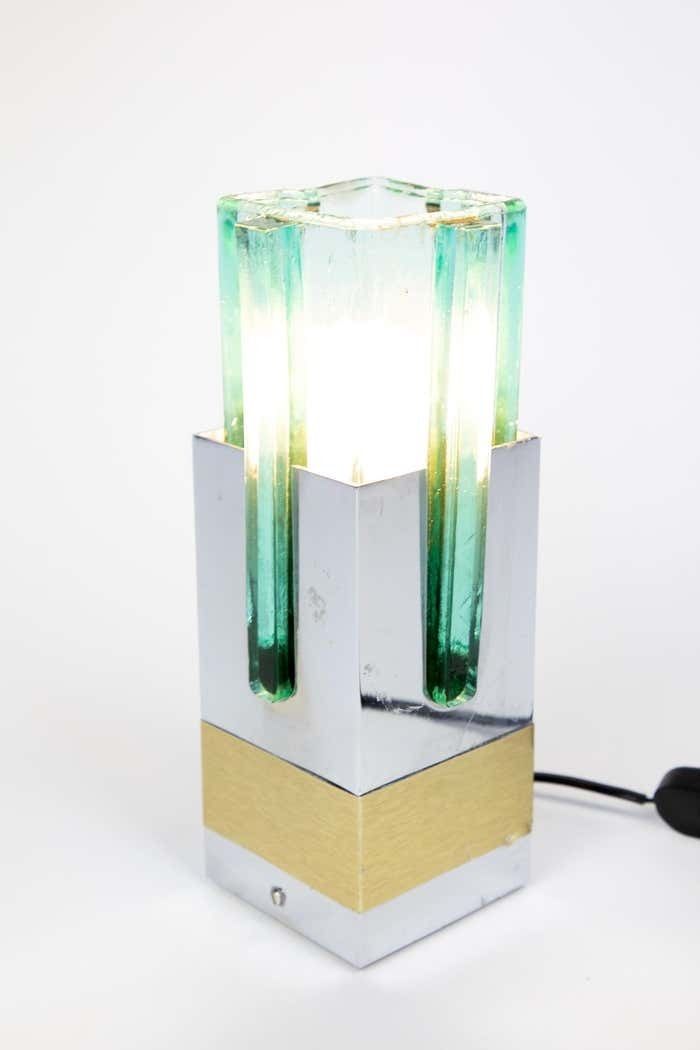 Pair Of Lampshades Table Lamps In Turquoise Glass, Brass And Chrome, Italy, 1970s photo buy
