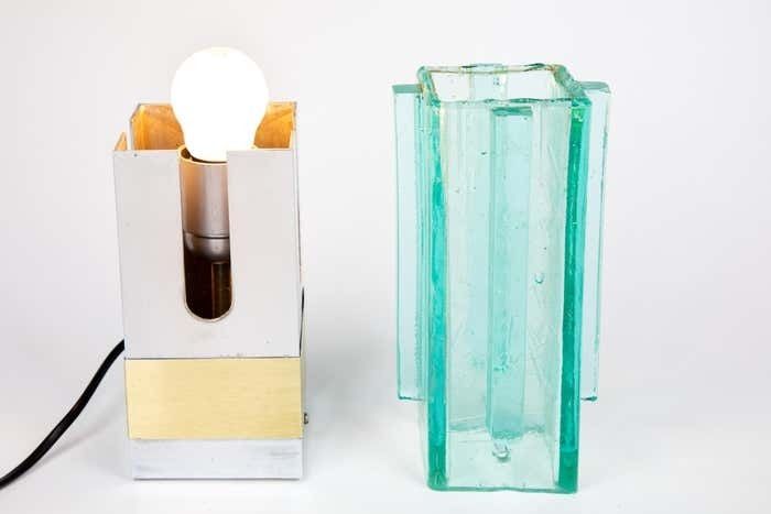 Pair Of Lampshades Table Lamps In Turquoise Glass, Brass And Chrome, Italy, 1970s photo vintage