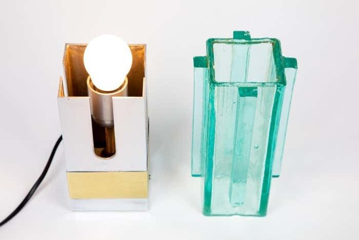 photo for sale Pair Of Lampshades Table Lamps In Turquoise Glass, Brass And Chrome, Italy, 1970s