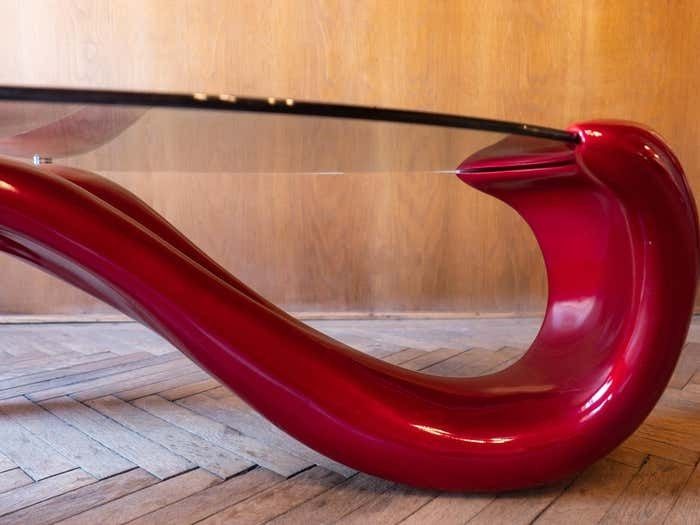 Postmodern, Shiny, Red Coffee Table With Glass Top, Italy 1980s photo for sale