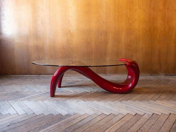 photo vinterior Postmodern, Shiny, Red Coffee Table With Glass Top, Italy 1980s