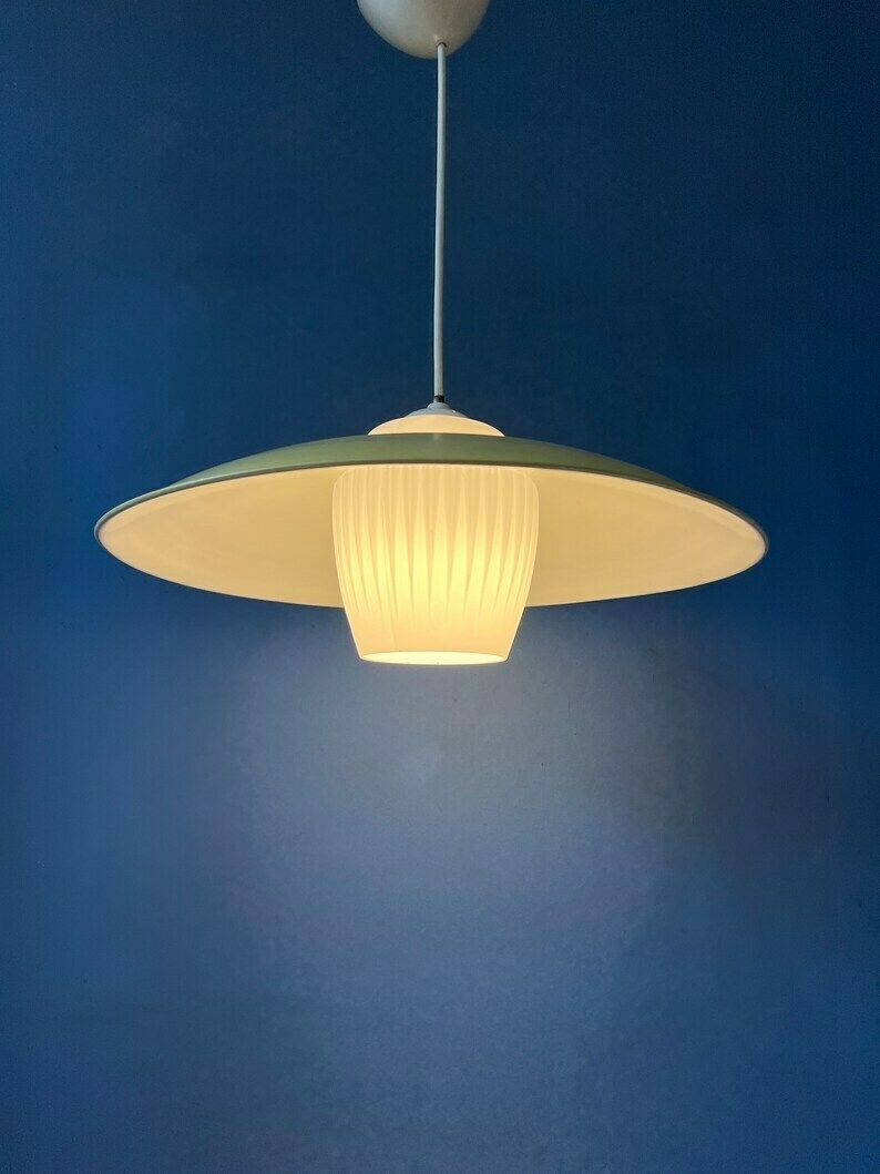 Mid Century Danish Pendant Lamp With Yellow Metal Cover And Opaline Glass Shade photo furniture