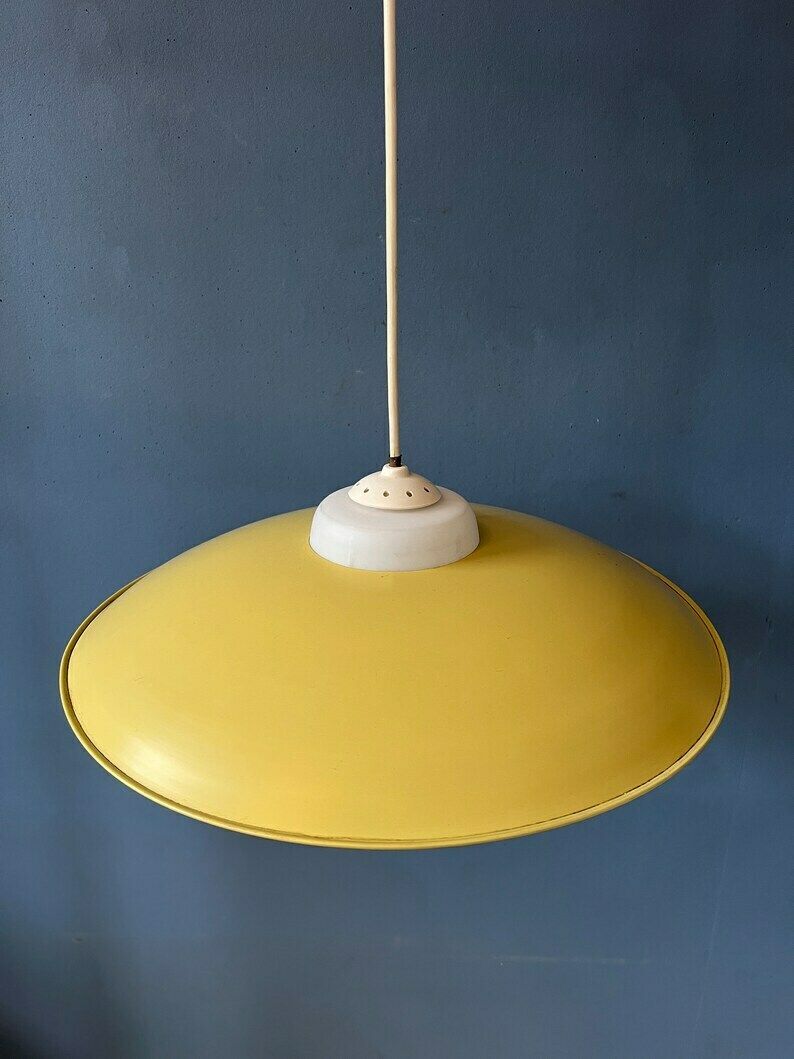 photo for sale Mid Century Danish Pendant Lamp With Yellow Metal Cover And Opaline Glass Shade