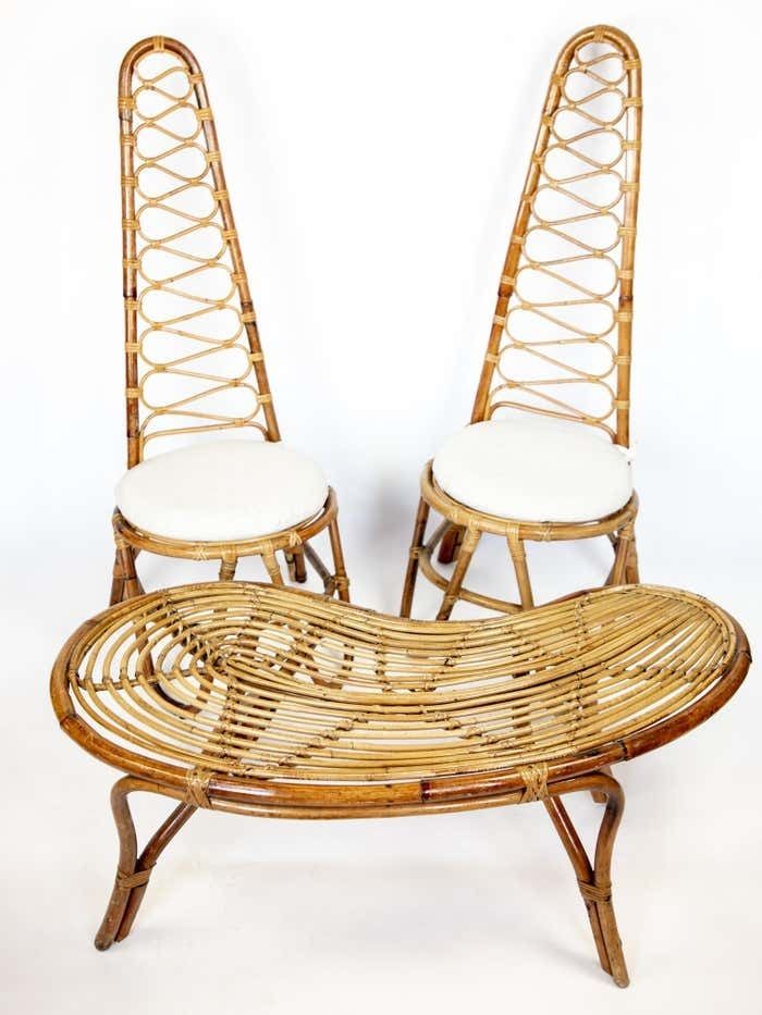 Mid Century Modern Rattan Chairs And High Back Table, Italy 1960s photo for sale