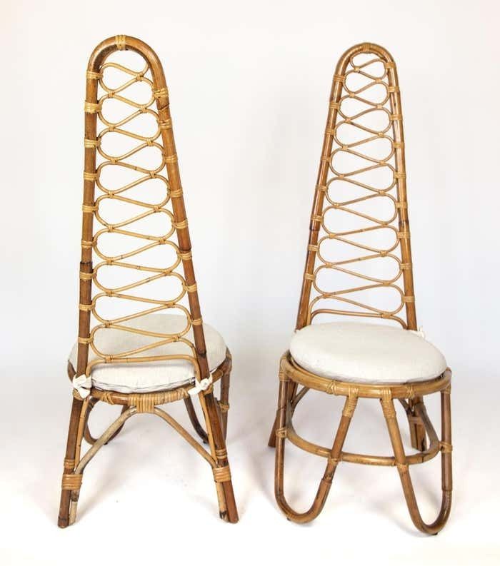 Mid Century Modern Rattan Chairs And High Back Table, Italy 1960s photo vinterior