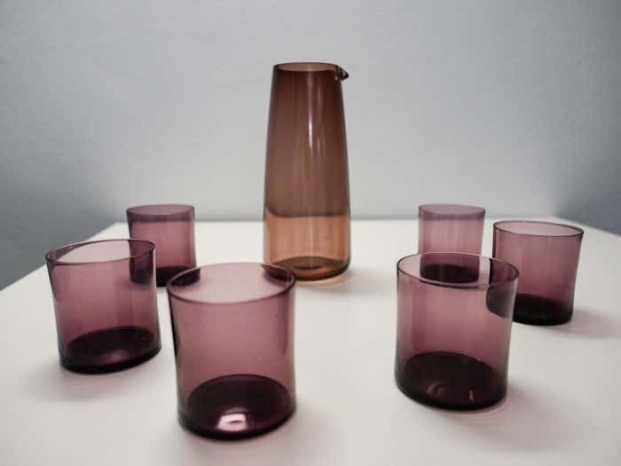 Purple Smoked Glass Water Carafe And Drinking Glasses, Mid Century Modern, 1960s photo for sale