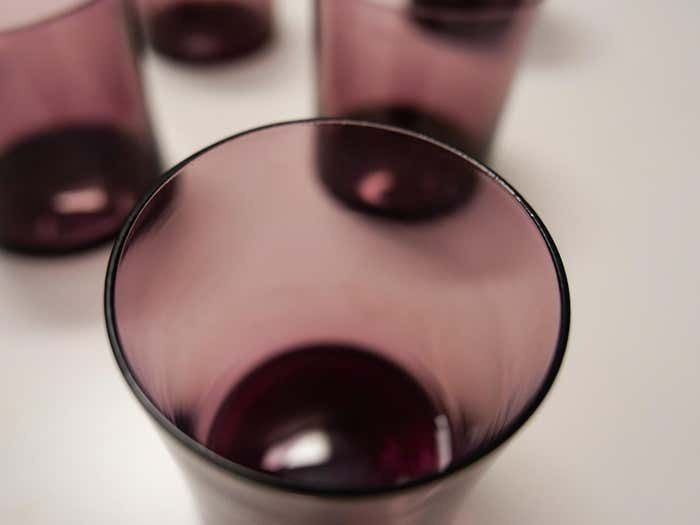 photo buy Purple Smoked Glass Water Carafe And Drinking Glasses, Mid Century Modern, 1960s