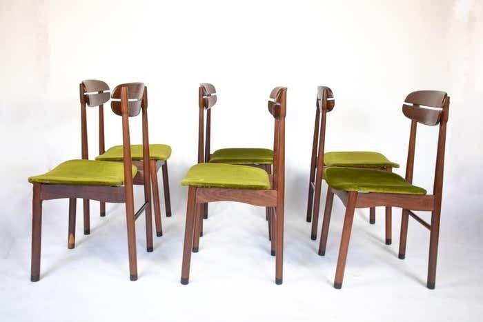 Mid Century Modern Dining Chairs With Green Velvet Upholstery, Set Of 6, 1950s photo for sale