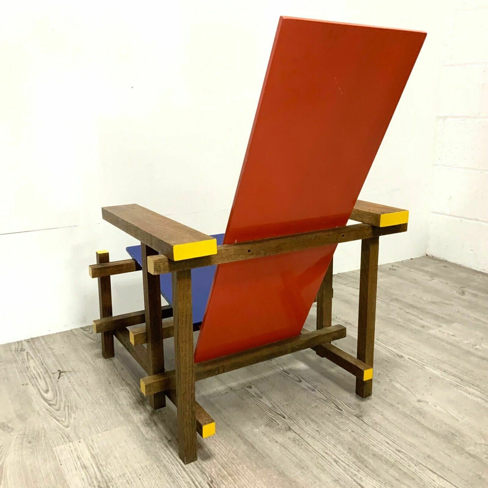 photo for sale Vintage Reproduction Gerrit Rietveld Style Red And Blue Chair 1980s