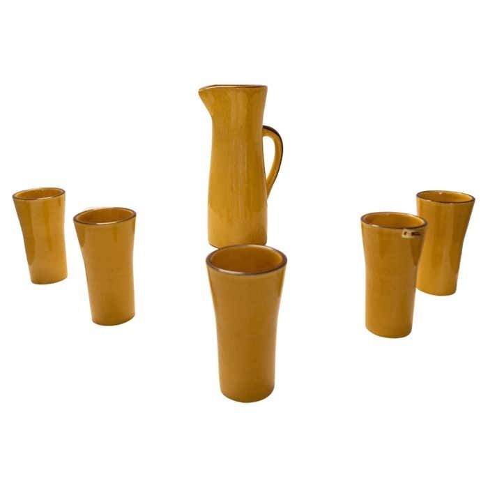 Mid Century Yellow Carafe Set With 5 Cups In Glazed Ceramic, France 1970s