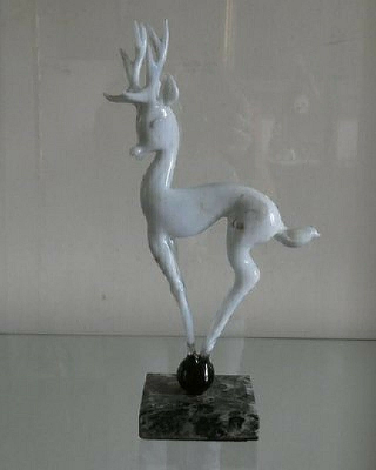 Glass Deer Sculpture On Sphere With Marble Base By Istvan Komaromy, 1950s photo Art