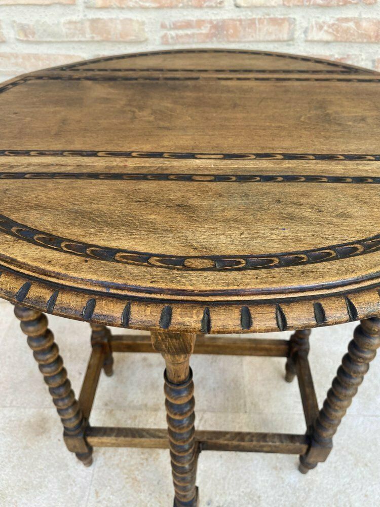 Round Folding Center Oak Table With Carved Top And Solomonic Legs, 1940s photo vinterior