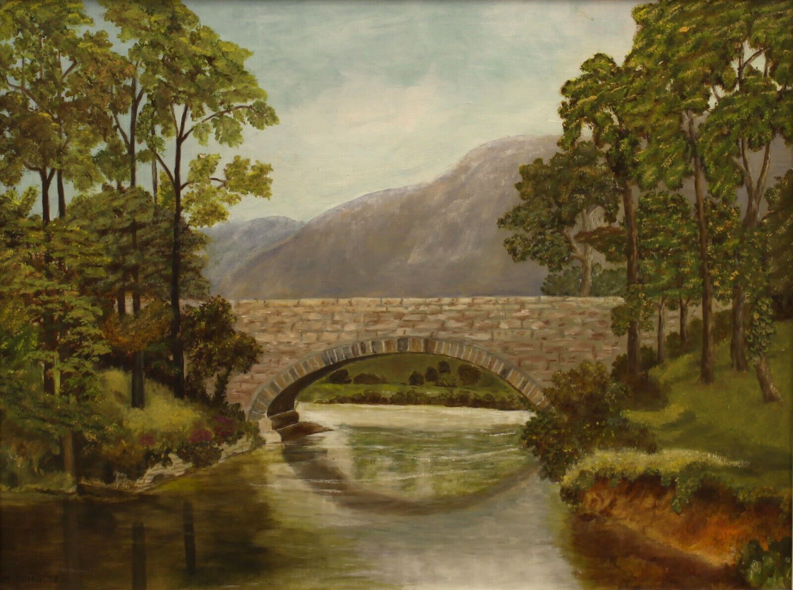 Oil On Board By A Tong. Bridge Over River, Mountain In Distance photo furniture