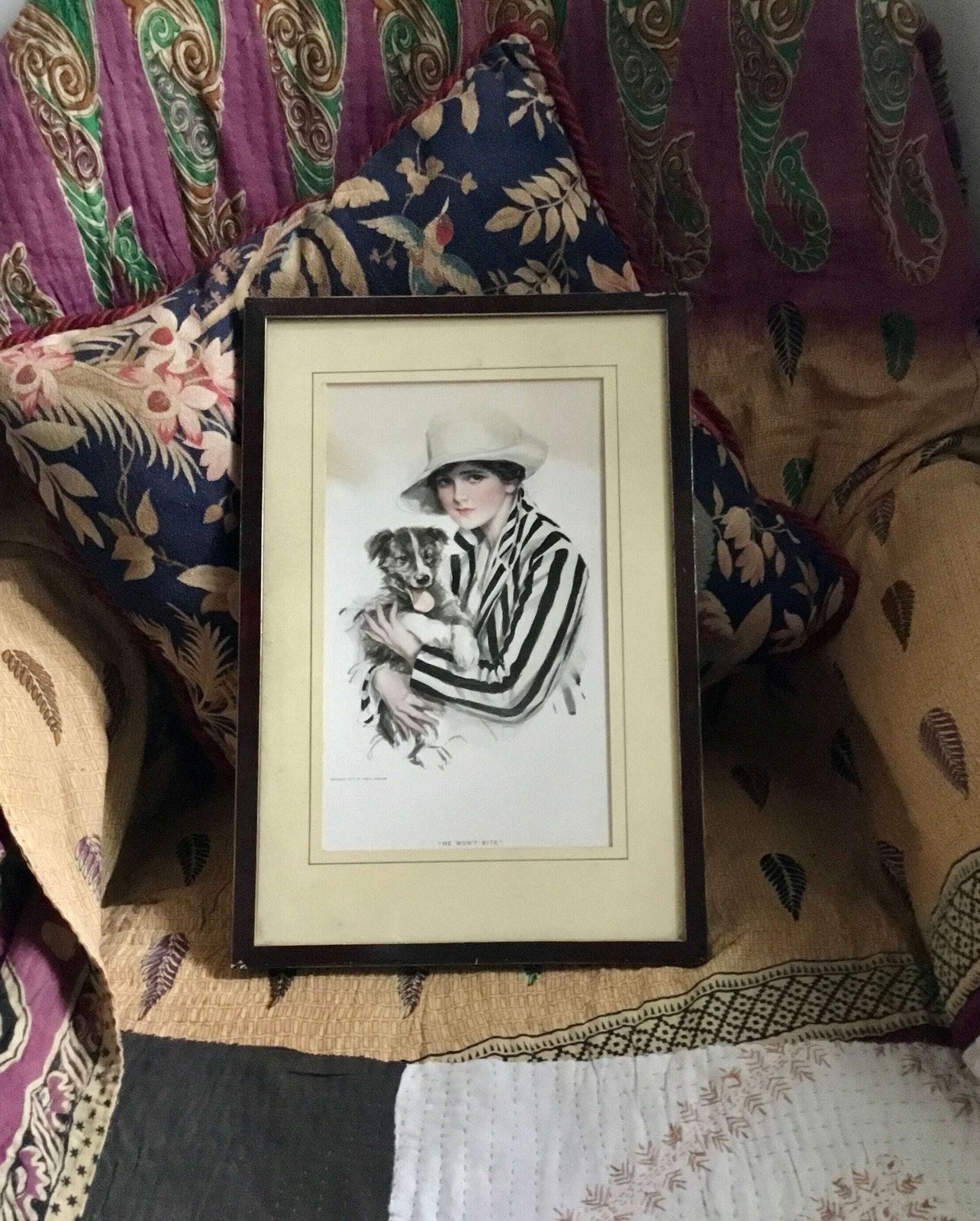 Gorgeous Art Deco Print By Harrison Fisher “He Won’t Bite” In Original Frame 25 X 37 Cms photo vinterior