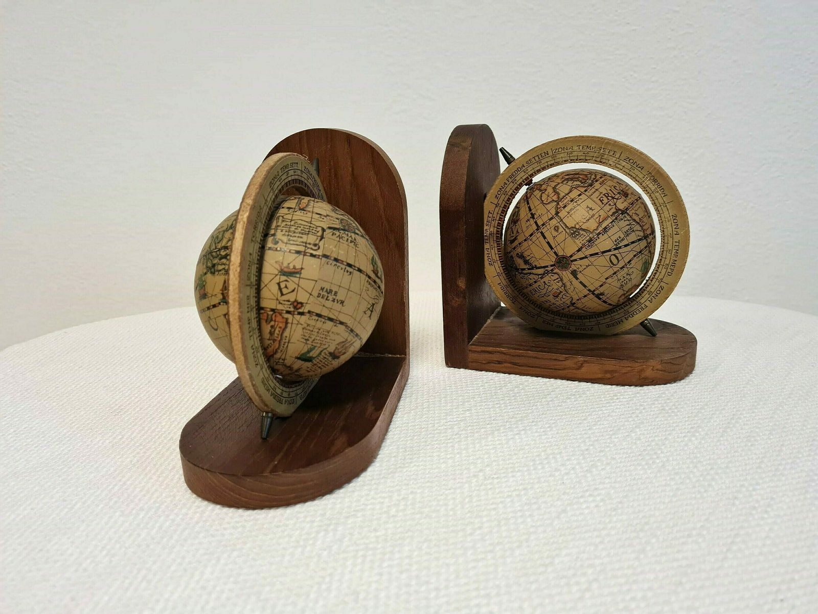 photo for sale Vintage Mid Century Modern Pair Of Lamps Globes With Leather Shades