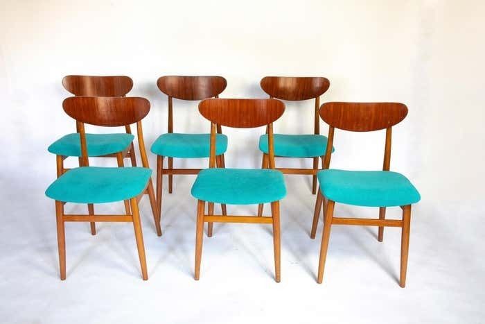 Mid Century Modern Dining Chairs With Blue Velvet Upholstery, Set Of 6, 1950s photo furniture