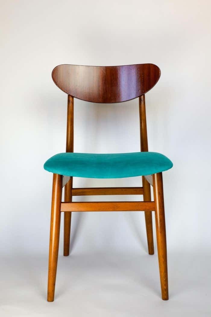 Mid Century Modern Dining Chairs With Blue Velvet Upholstery, Set Of 6, 1950s photo vintage