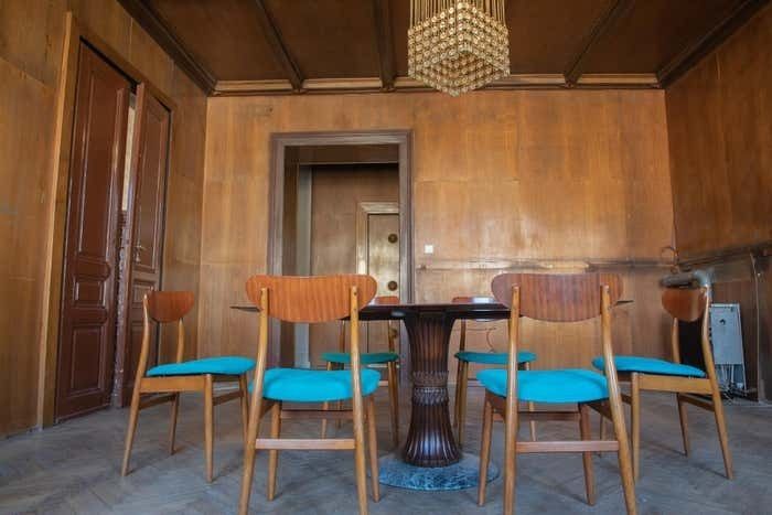 photo vintage Mid Century Modern Dining Chairs With Blue Velvet Upholstery, Set Of 6, 1950s