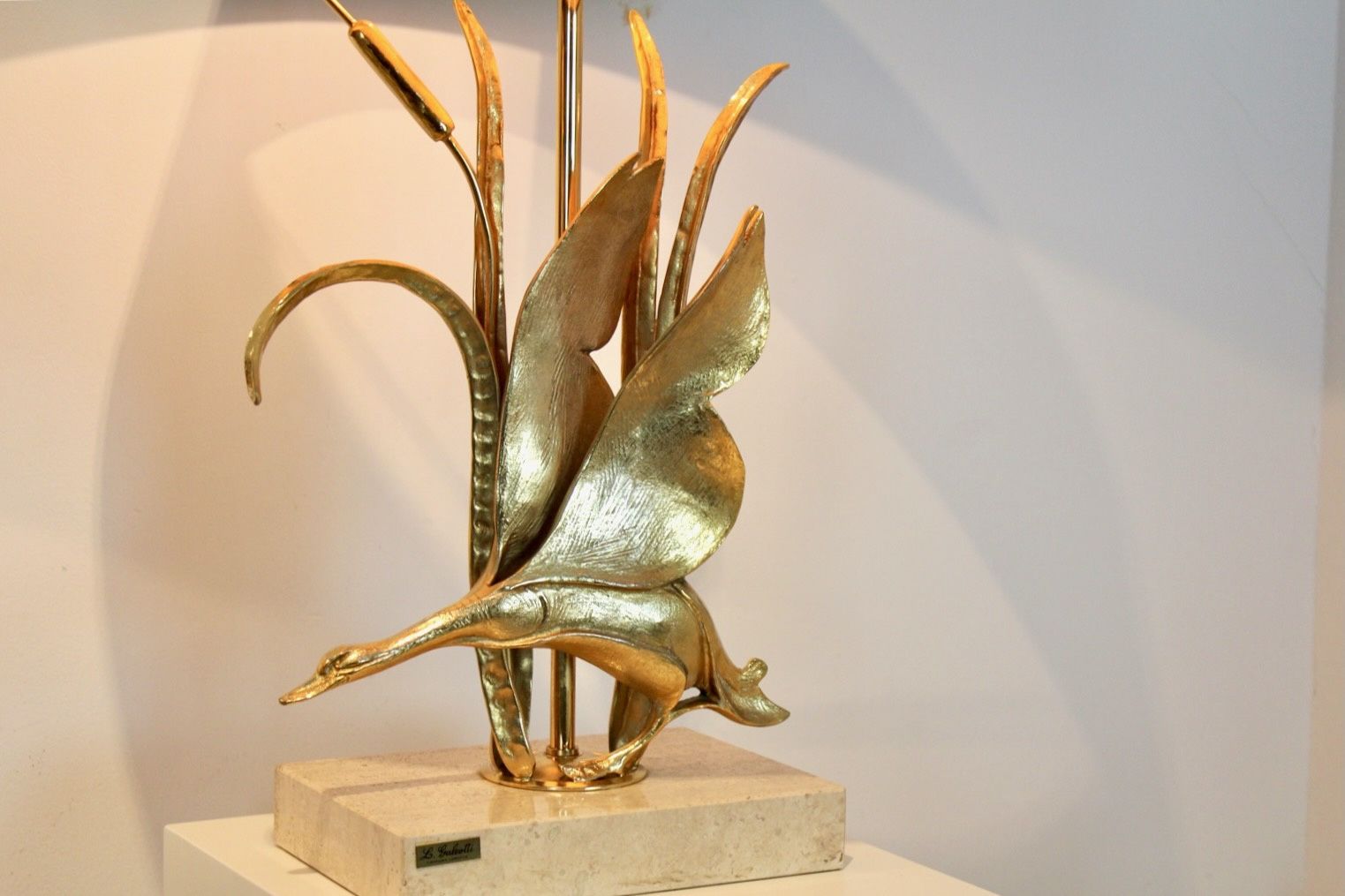 Travertine And Gilt Metal Wild Duck Table Lamps By Lanciotto Galeotti, Signed photo for sale