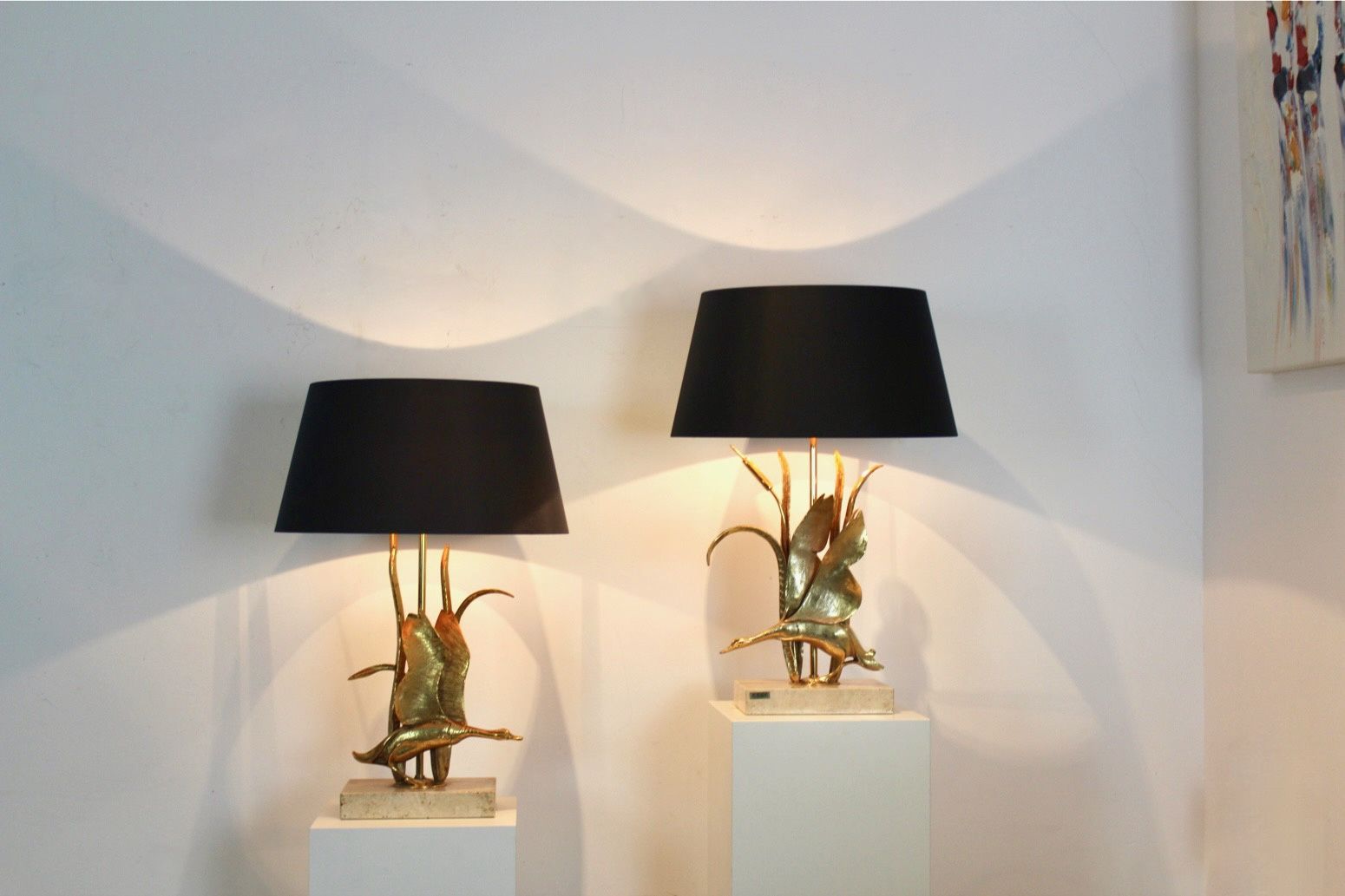 Travertine And Gilt Metal Wild Duck Table Lamps By Lanciotto Galeotti, Signed photo vinterior