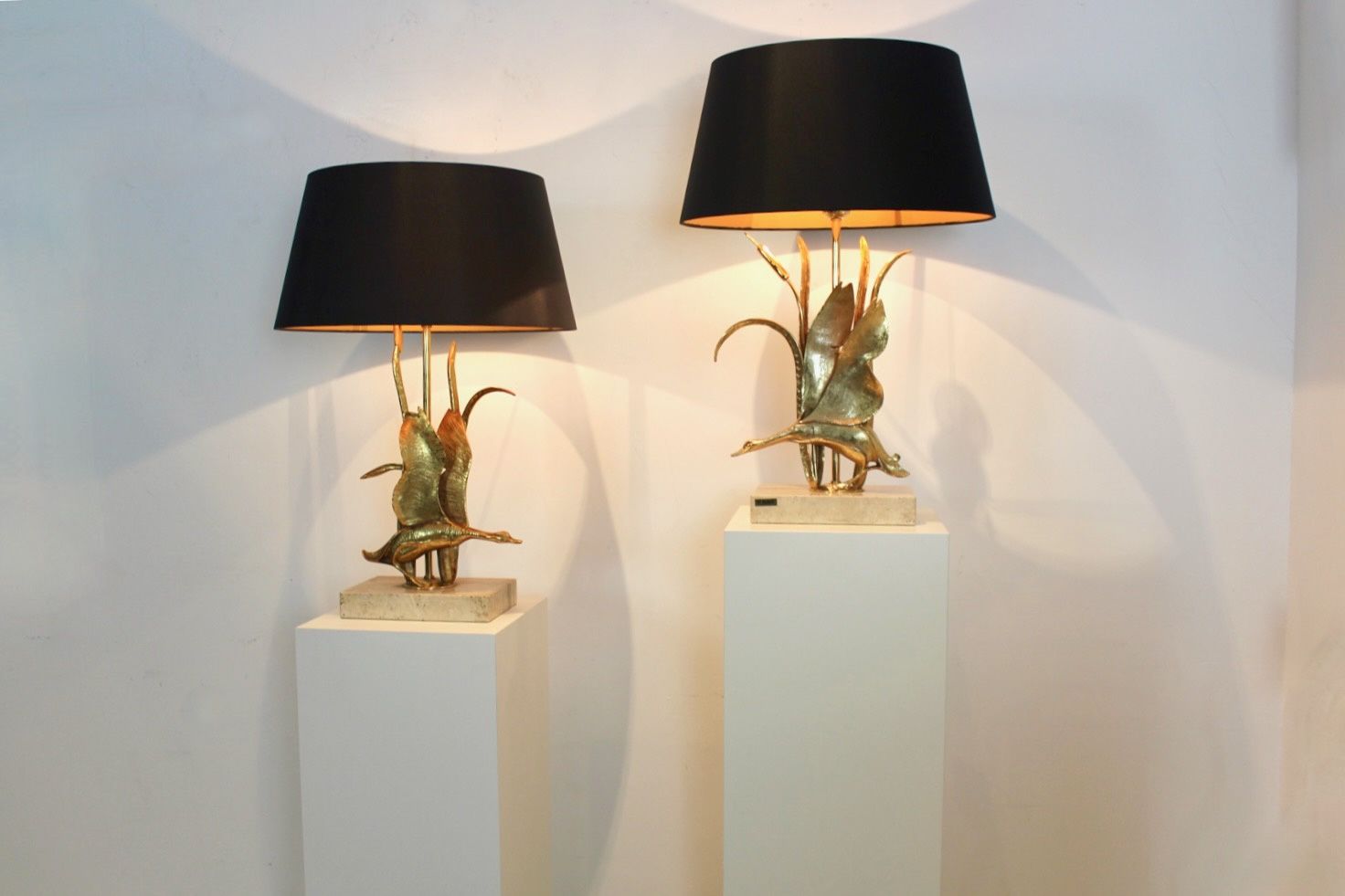 photo for sale Travertine And Gilt Metal Wild Duck Table Lamps By Lanciotto Galeotti, Signed